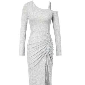 Asymmetric Drawstring Ruched Slit Midi Dress